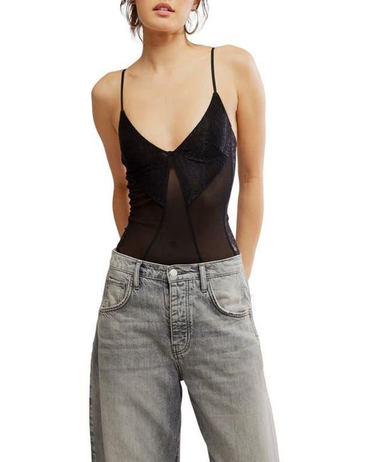 Free People Black Take My Number Lace & Mesh Bodysuit