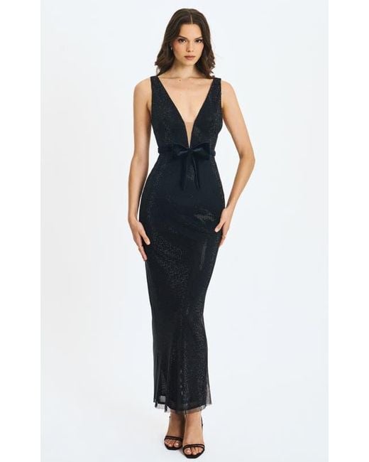 Miss Circle Olympia Belted Bow Plunging Rhinestone Maxi Dress in Blue ...