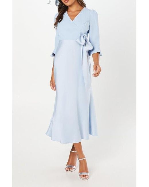 pale blue wrap dress Light Blue Wrap Satin Dress With Flutter Sleeves