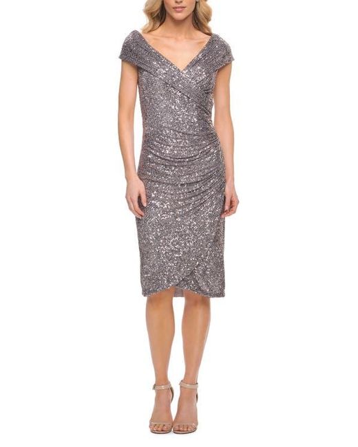 La Femme Metallic Off The Shoulder Sequin Short Evening Dress With Ruching