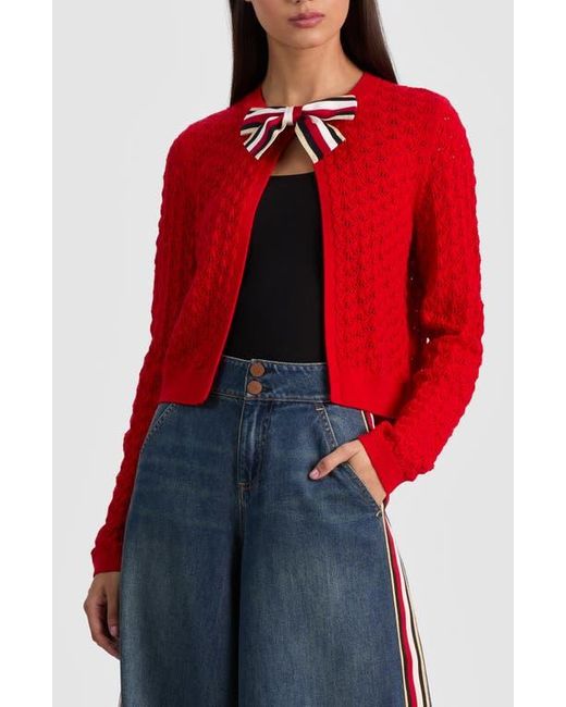 Alice + Olivia Red Dollie Pointelle Wool Blend Bow Accent Cardigan