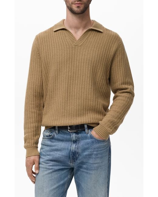 Mango Blue Structured Cotton Polo Sweater for men
