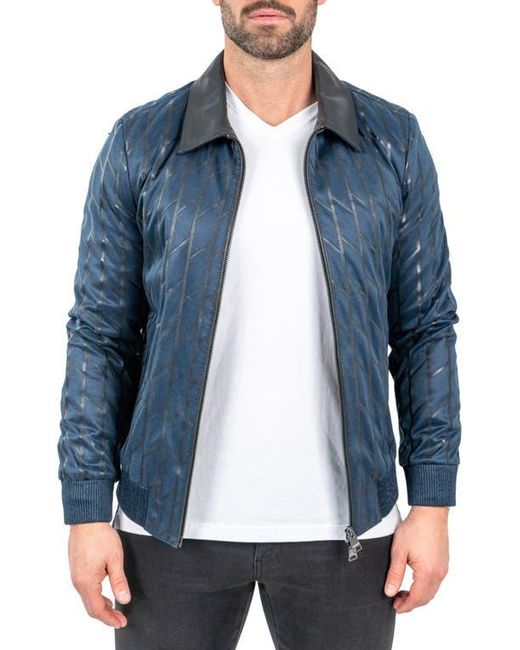 Maceoo Blue Ladder Print Leather Jacket for men