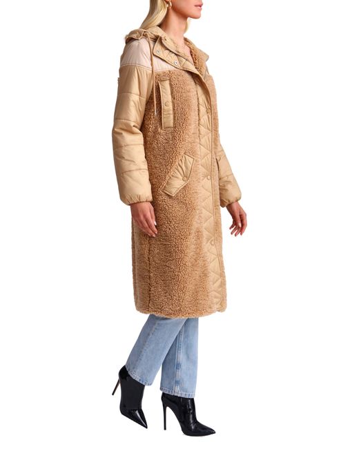 Avec Les Filles Mixed Media Faux Shearling Quilted Hooded Coat in