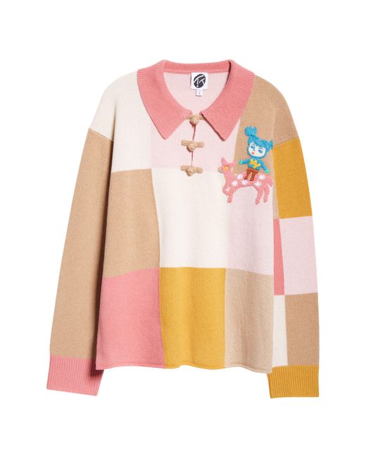 YANYAN Multicolor Oversize Embroidered Checkerboard Lambswool Polo Sweater
