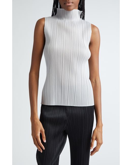 Pleats Please Issey Miyake White Pleated Funnel Neck Top