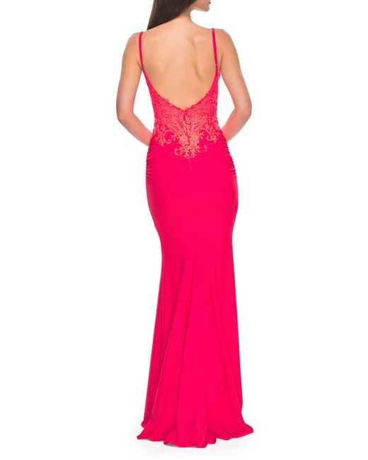 La Femme Pink Illusion Lace V-Neck Top With Jersey Skirt Dress