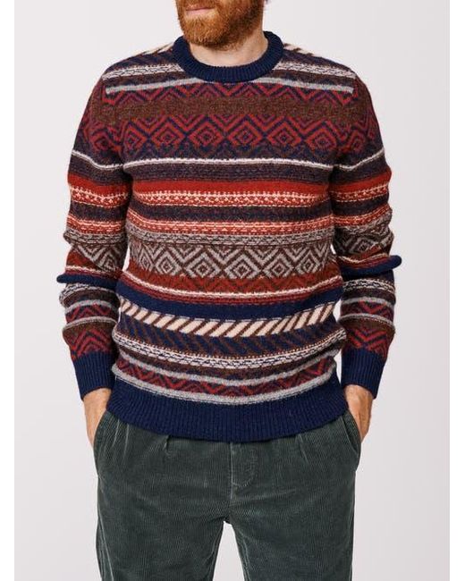 aubi Red Fair Isle Crew Neck Wool Sweater for men