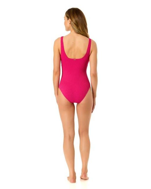 Anne Cole Pink Textured Classic Square Neck One Piece Swimsuit