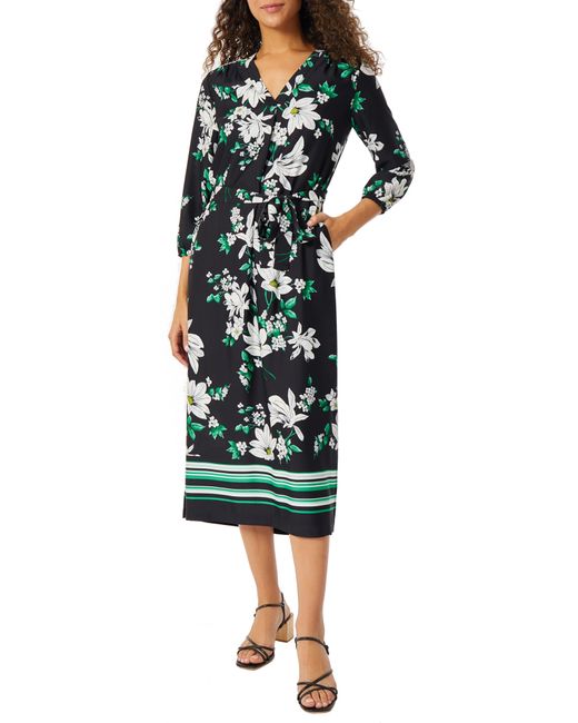 Jones New York Green Floral Belted Three-quarter Sleeves Midi Dress