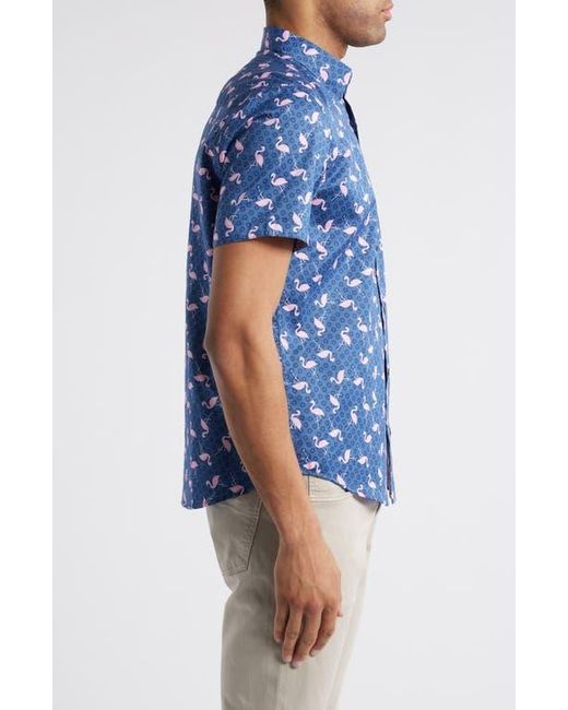 Johnston & Murphy Blue Flamingo Print Short Sleeve Button Up Shirt for men