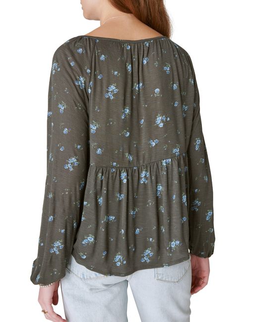 Lucky Brand Black Floral Smocked Babydoll Top