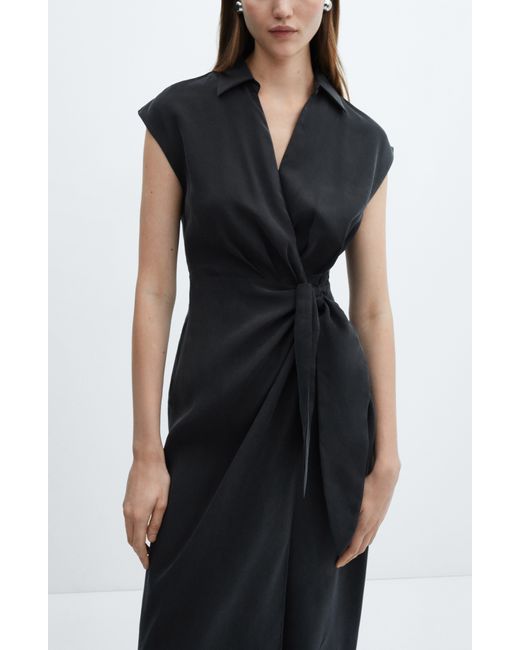Mango Black Collared Midi Wrap Dress