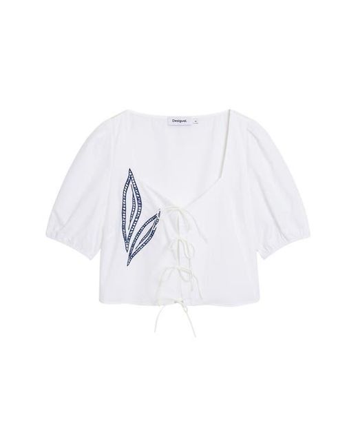 Desigual White Embroidered Tie Front Top