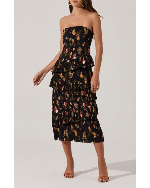 Astr Black Plissé Asymmetric Tiered Ruffle Strapless Midi Dress