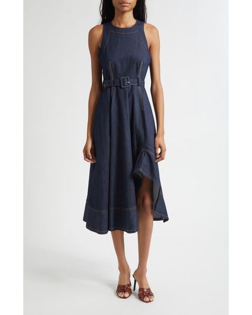 Cinq À Sept Blue Zelda Sleeveless Belted Cotton Blend Denim Dress