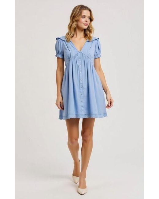Modenaire Blue Button-Front Puff Sleeve Lace Trim Ruffle Detail Mini Dress