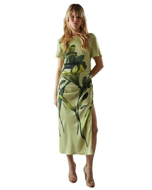 Warehouse Green Placement Print Crinkle Midi Satin Dress