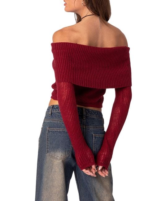 Edikted Red Lili Rib Off The Shoulder Crop Sweater