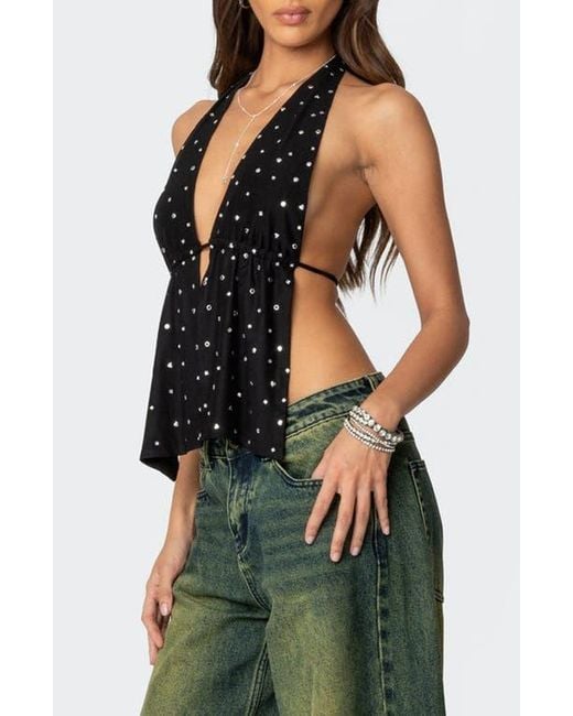 Edikted Black Studded Split Front Open Back Halter Top