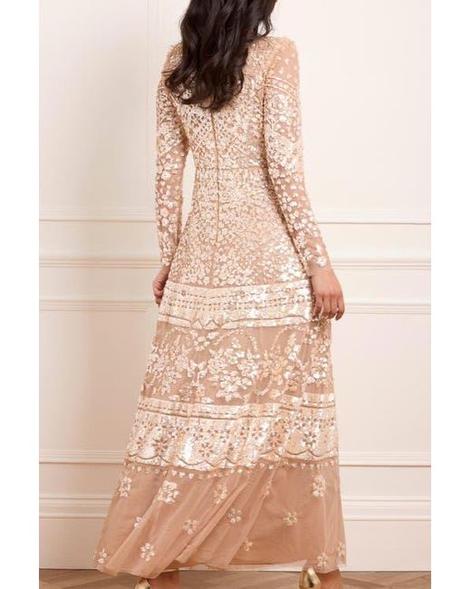 Needle & Thread Natural Aurora Long Sleeve Round Neck Gown