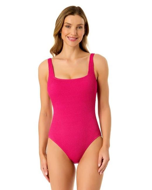 Anne Cole Pink Textured Classic Square Neck One Piece Swimsuit
