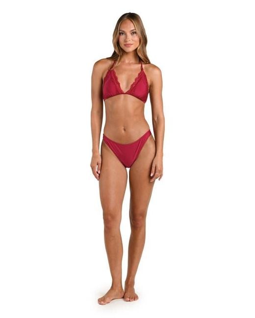 L'Agence Red Annabelle Lace Trim Triangle Bikini Top