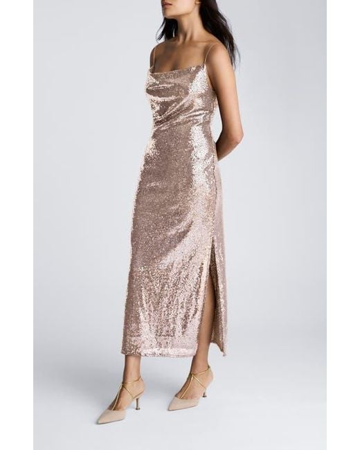 Kenneth Cole Natural Sequin Cowl Neck Midi Slipdress