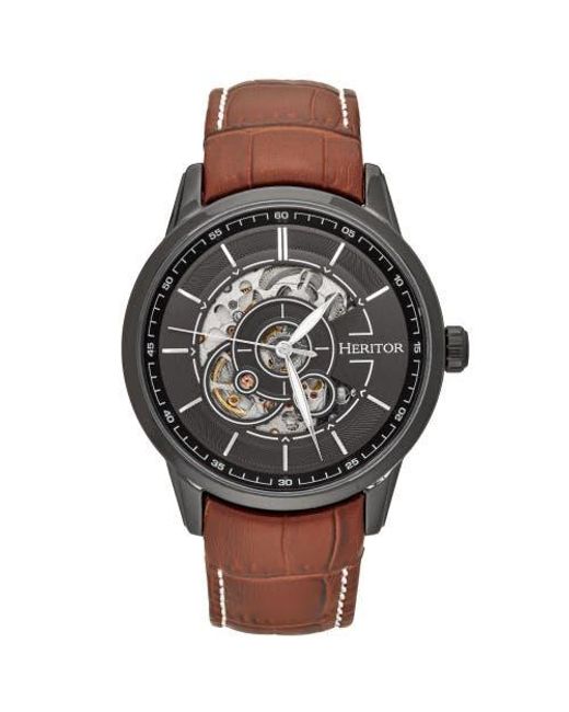 Heritor Black Davies Semi-Skeleton Leather-Band Watch for men