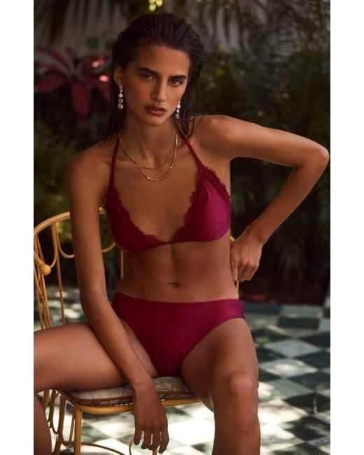 L'Agence Red Annabelle Lace Trim Triangle Bikini Top