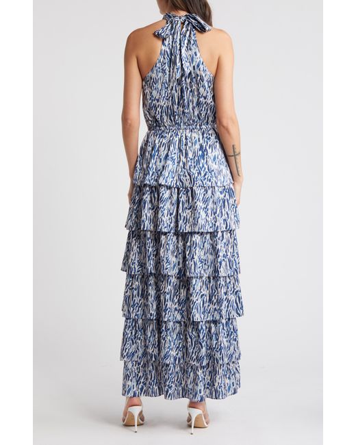 Chelsea28 Blue Printed Tiered Mock Neck Maxi Dress