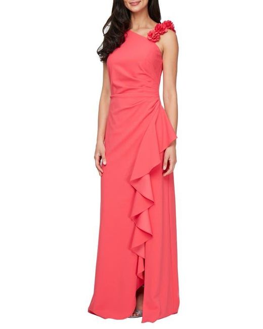 Alex Evenings Pink Floral Strap Ruffle Detail Stretch Crepe Gown
