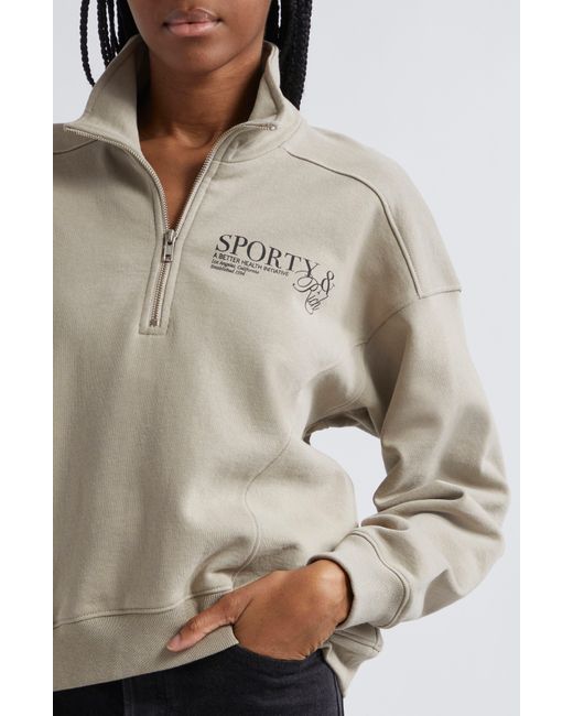 Sporty & Rich Natural Logo Detail Quarter-zip Cotton Fleece Sweatshirt