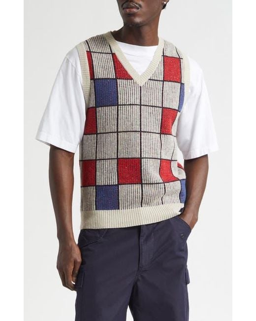Beams Plus Red Block Pattern Wool Blend Sweater Vest for men