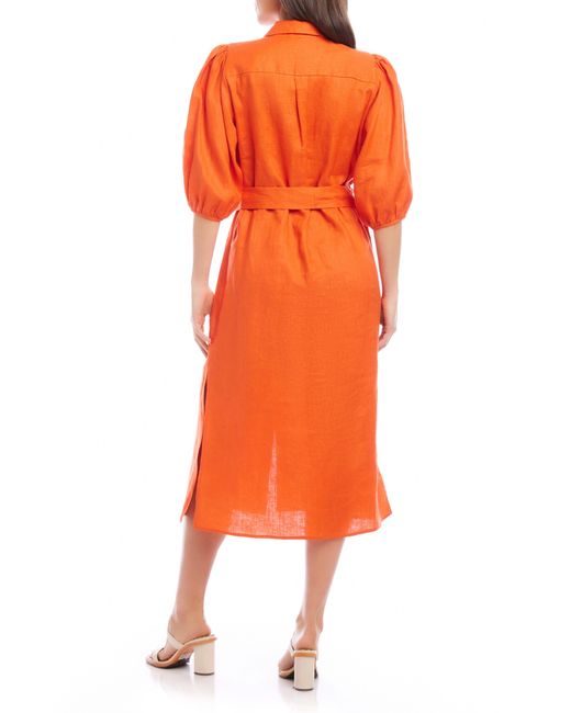 Karen Kane Orange Puff Sleeve Linen Midi Shirtdress