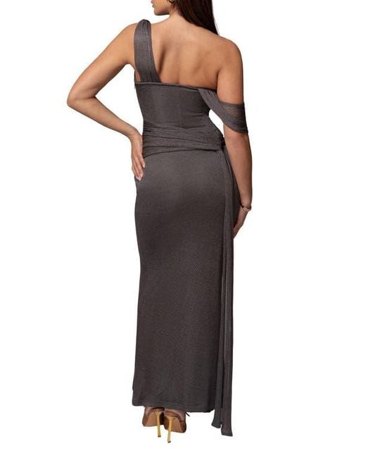 JLUXLABEL Gray Drape Metallic One-Shoulder Gown