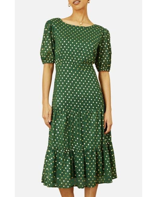 Yumi' Green Foil Spot Midi Dress With Scoop Back