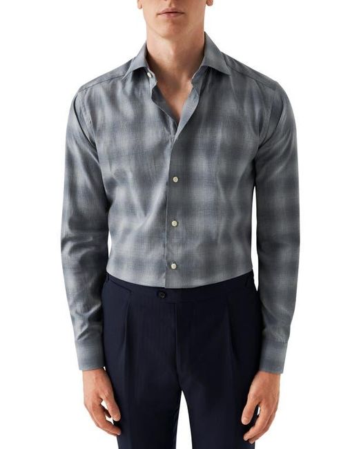 Eton of Sweden Blue Slim Fit Shadow Check Cotton Flannel Dress Shirt for men