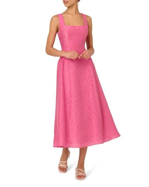 Adrianna Papell Pink Metallic Jacquard Drop Waist Midi Dress
