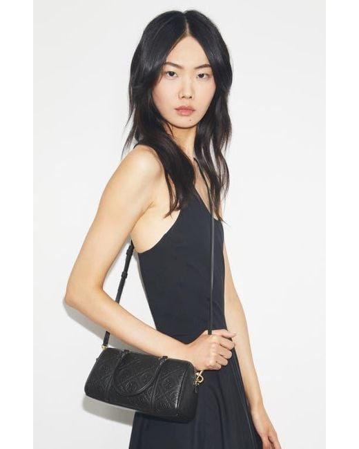 Tory Burch Mini T Monogram Leather Barrel Bag in Black | Lyst