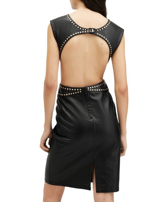 AllSaints Black Syla Stud Detail Open Back Leather Dress