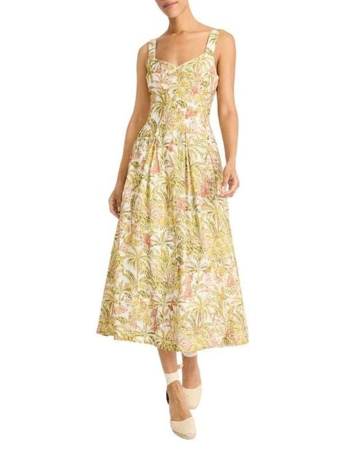 Maggy London Yellow Palm Print Empire Waist Fit & Flare Midi Dress