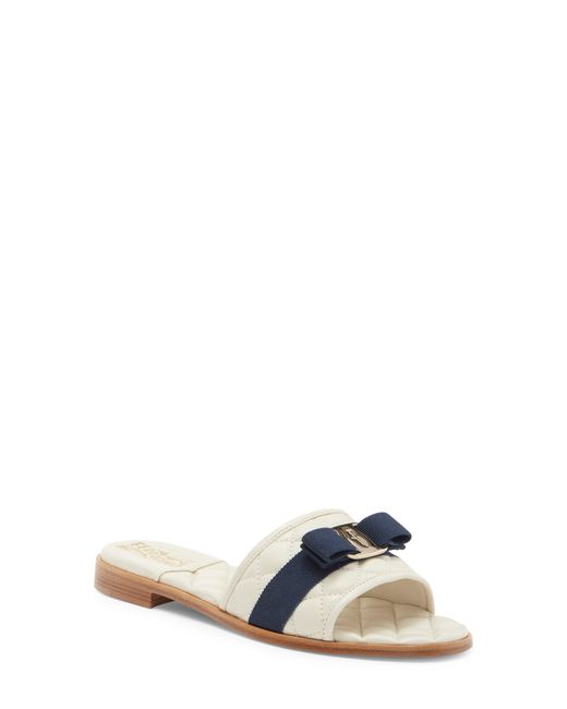 Ferragamo White Vara Bow Quilted Slide Sandal