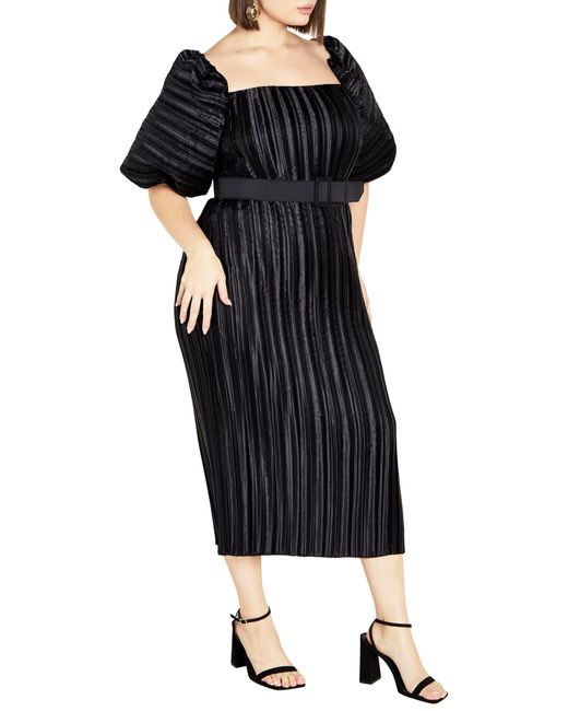 City Chic Black Krista Pleated Puff Sleeve Midi Dress