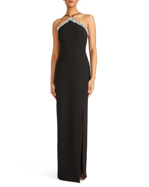 ML Monique Lhuillier Black Kira Crystal Embellished Crepe Gown
