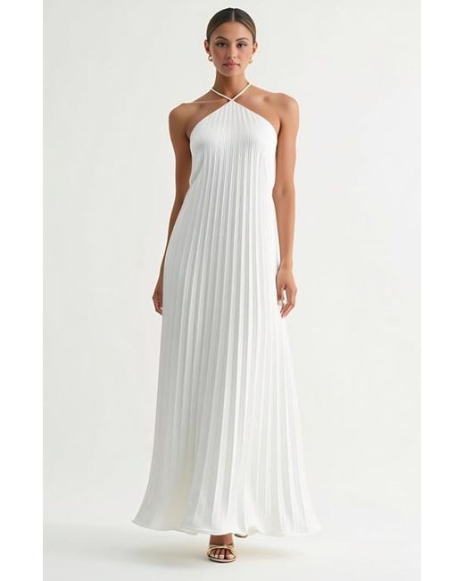 Modenaire White Backless Pleated Crisscross-Strap Maxi Dress