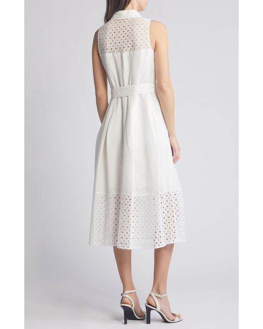 Anne Klein White Eyelet Embroidery Linen Blend Midi Dress