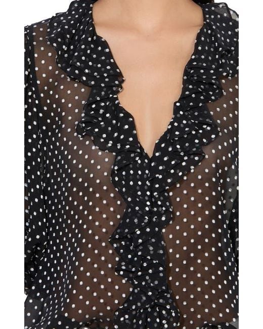 Alice + Olivia Black Betsie Clip Dot Ruffle Sheer Silk Blend Top