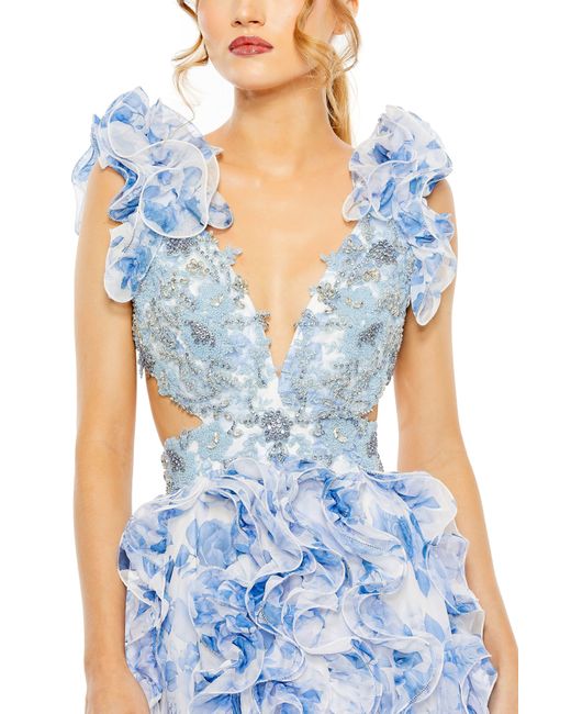 Mac Duggal Blue Floral Ruffle Beaded A-line Gown