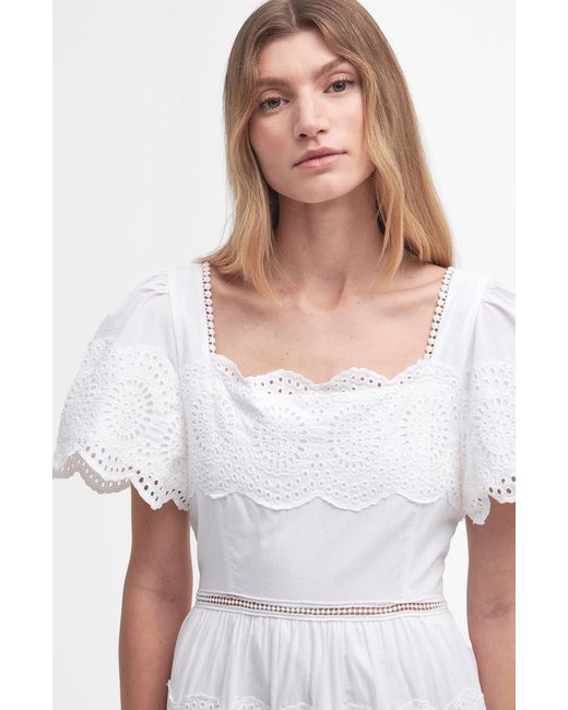 Barbour White Joanne Eyelet Embroidered Tiered Cotton Midi Dress